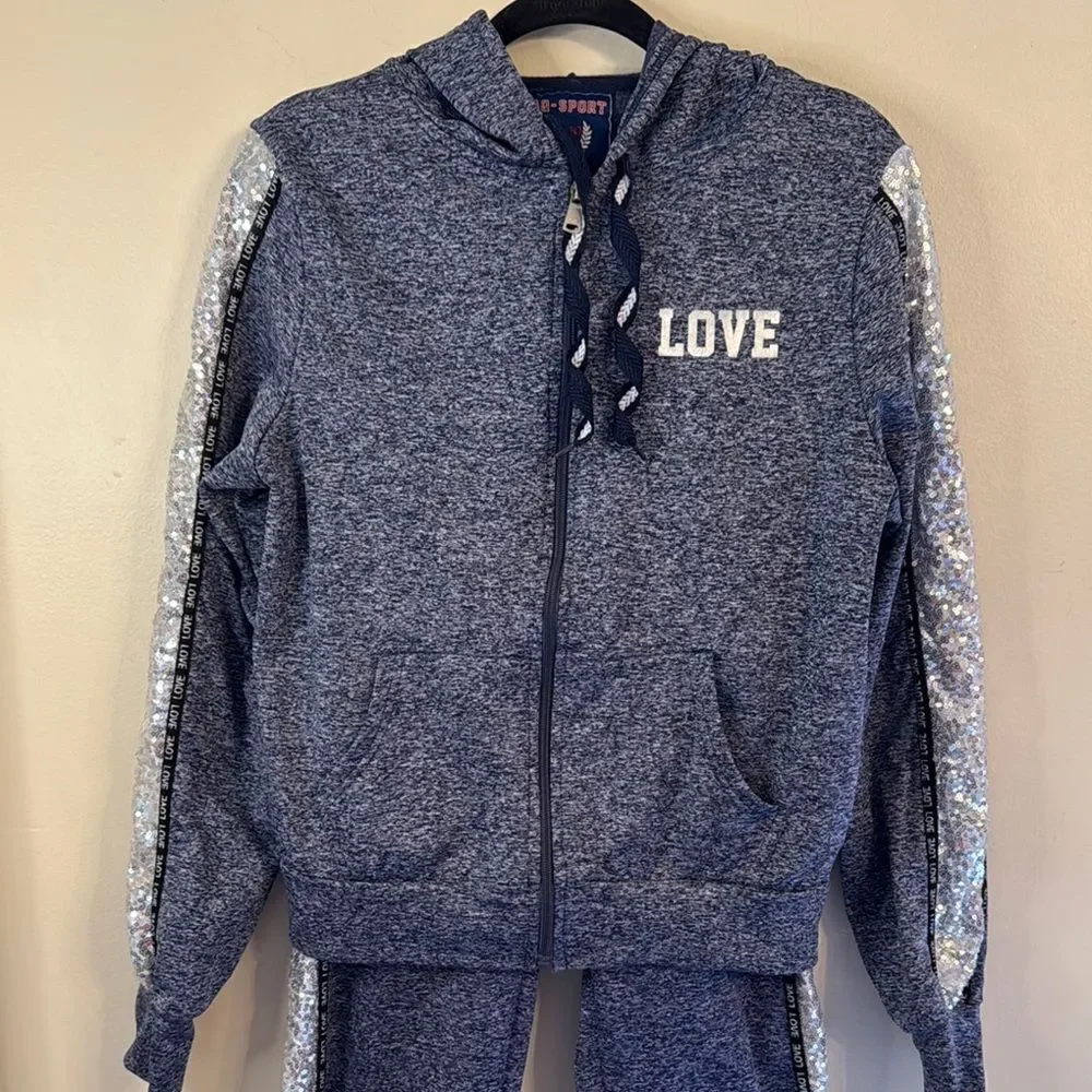 AQ-Sport Sequinned Blue Hoodie and Jogger Set